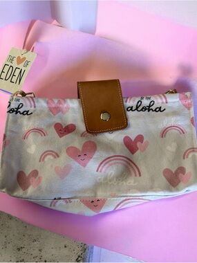 Pink Heart & Rainbow Canvas Crossbody Bag with Tan Flap